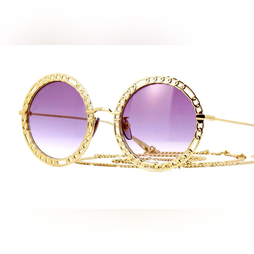 💯 GUCCI Frames GG1113S - 002 Chain Sunglasses Gold-Gold-Violet Gradient